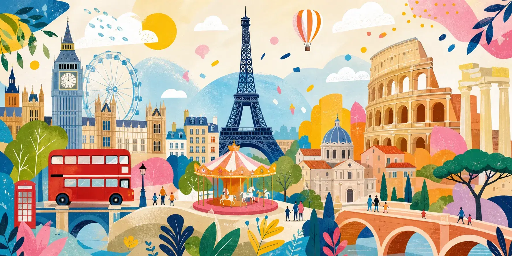 Färgstark illustration av familjeäventyr i London, Paris och Rom